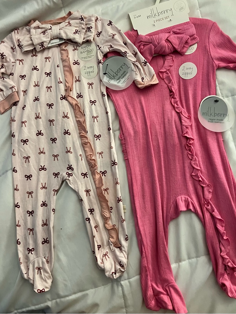 NWT, Milkberry Baby Girls 2-Pack Pink & Light Pink Bow Print Ruffle sleepers
